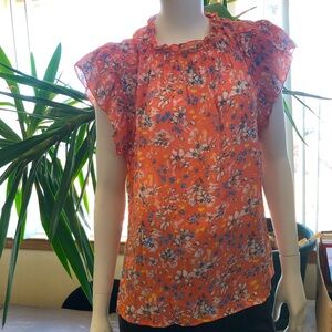 Nanette Lepore Orange Ruffle Neck Floral Flutter Sleeve Blouse Size L